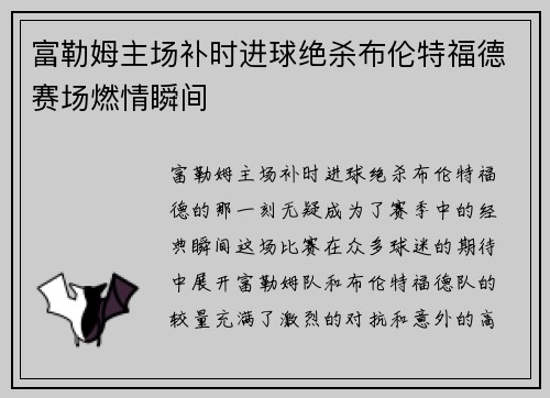 富勒姆主场补时进球绝杀布伦特福德赛场燃情瞬间 富勒姆主场补时进球绝杀布伦特福德赛场燃情瞬间